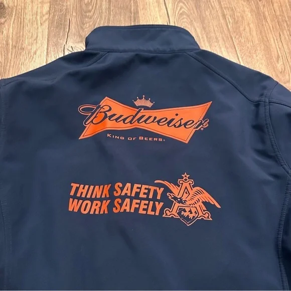Budweiser Work Jacket Mens Size L Blue Logo American Flag Zip Fleece Lined Beer - Picture 9 of 9